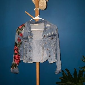 Cropped distressed denim jacket w/ roses
